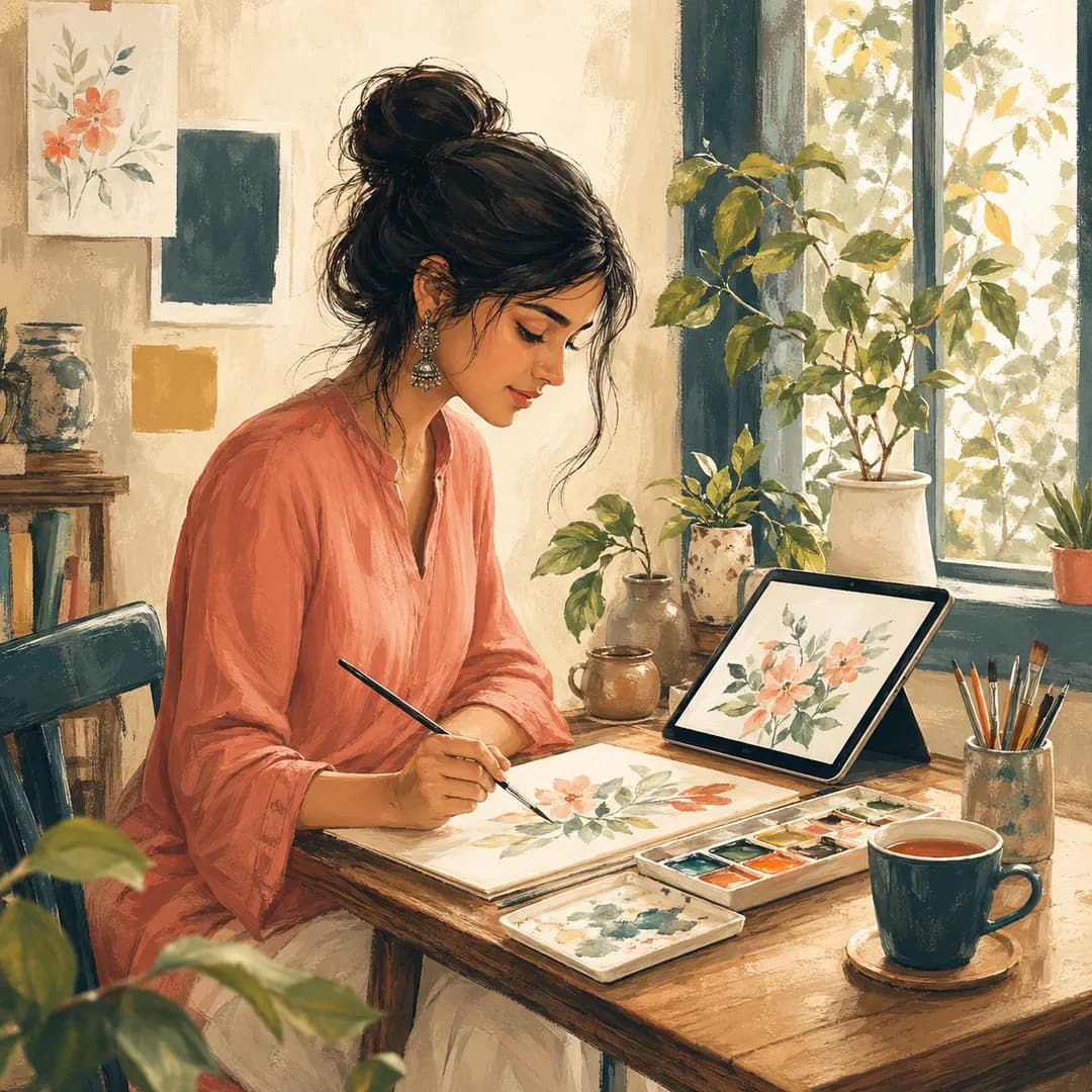 Priya, at the studio — illustrated portrait painting at a sunlit desk