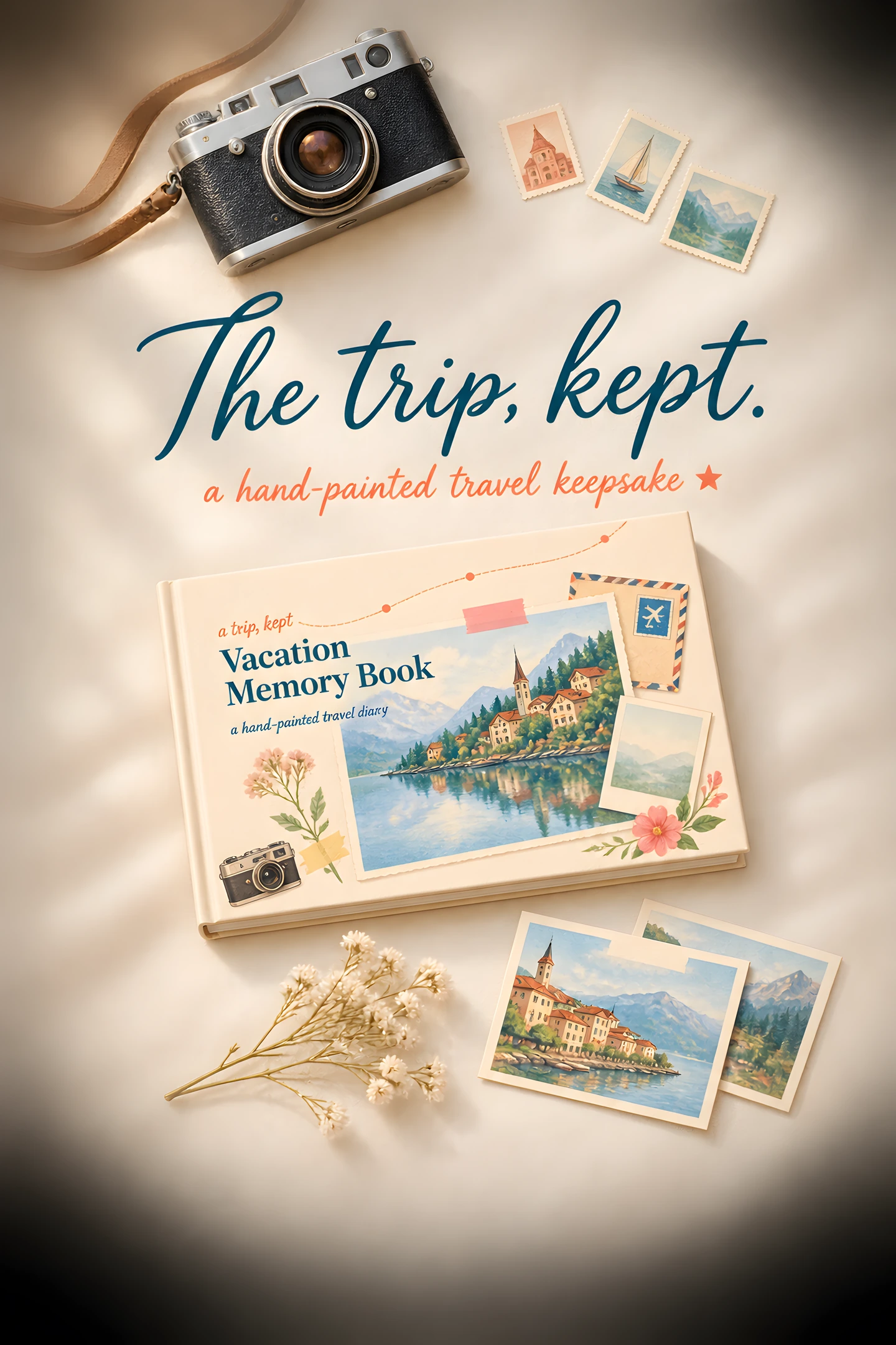 The trip, kept — the Vacation Memory Book on linen with a film camera, postcards and stamps