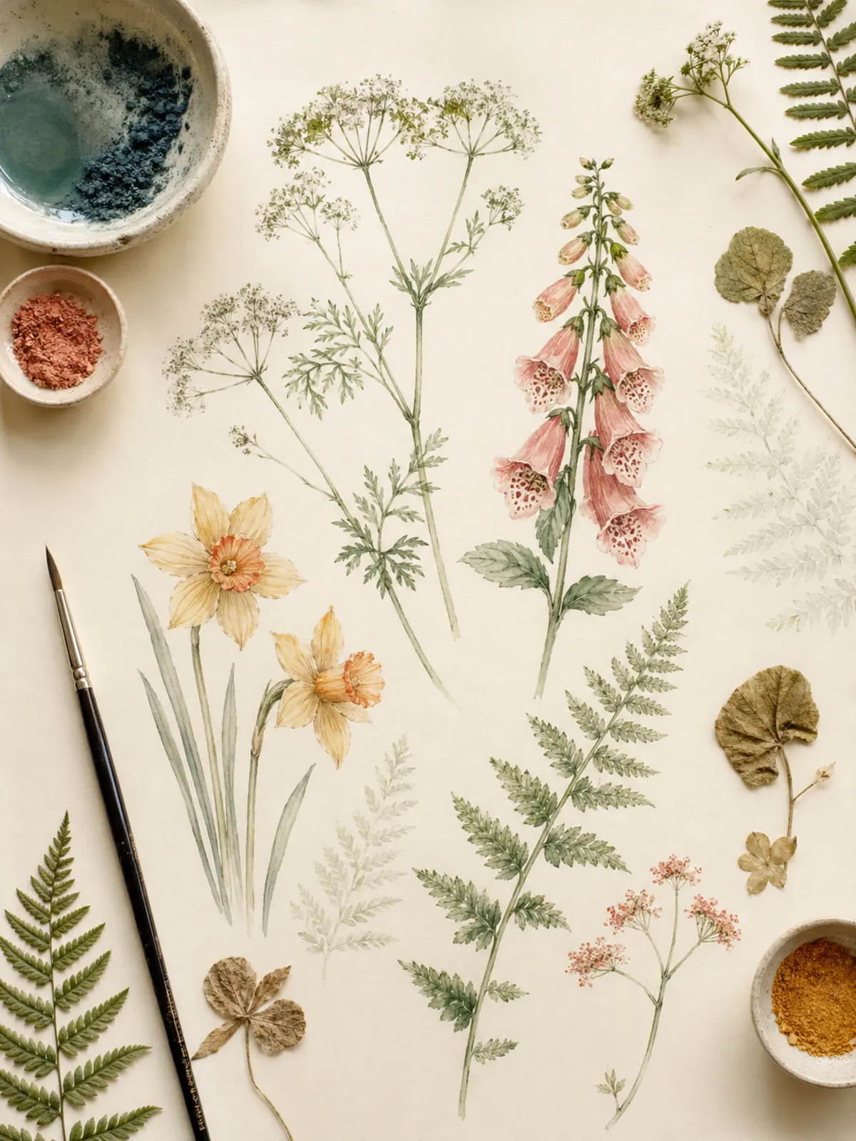 Spring in the Garden — watercolor flat lay of botanical illustrations on warm cream paper