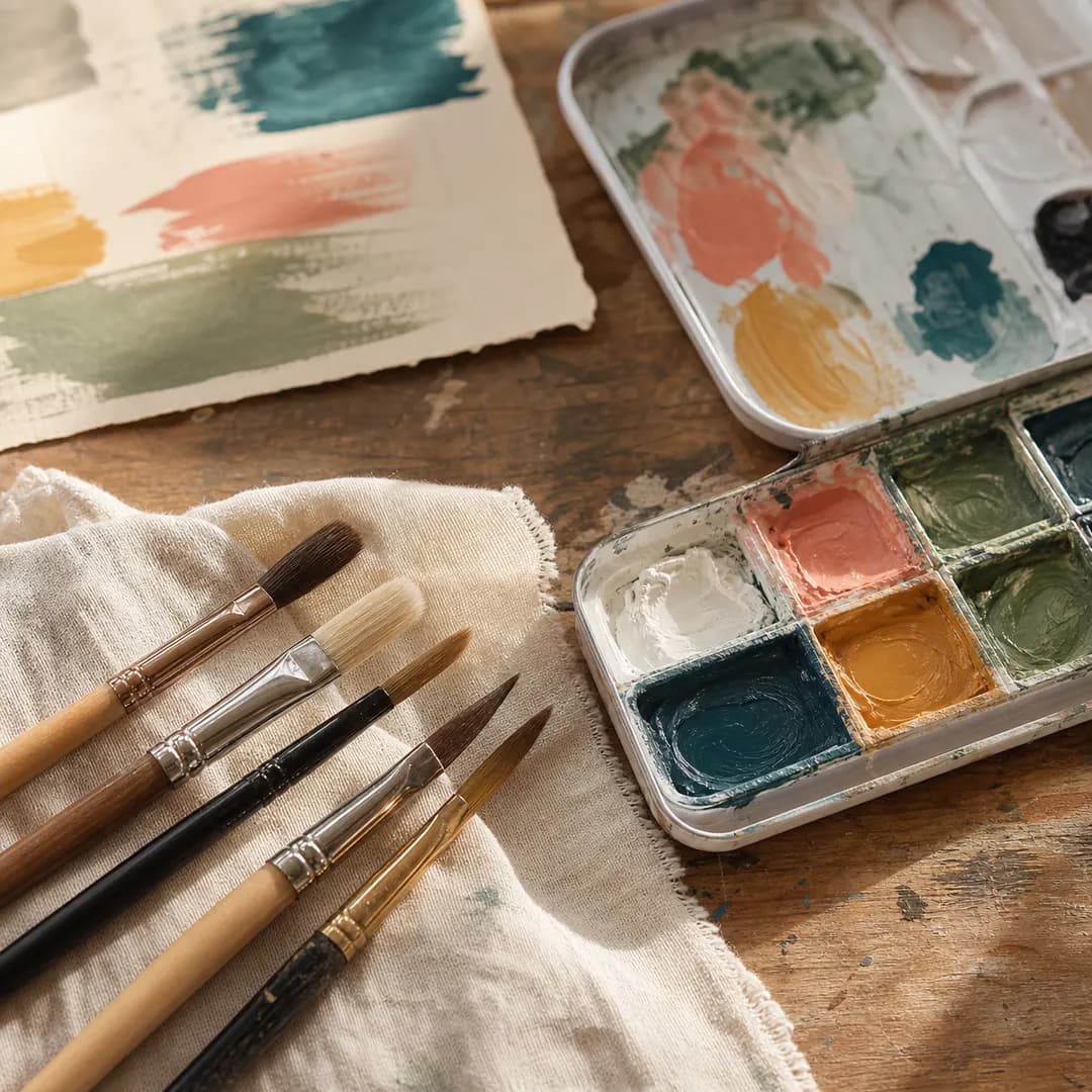 Studio post — paint brushes and gouache palette in warm light