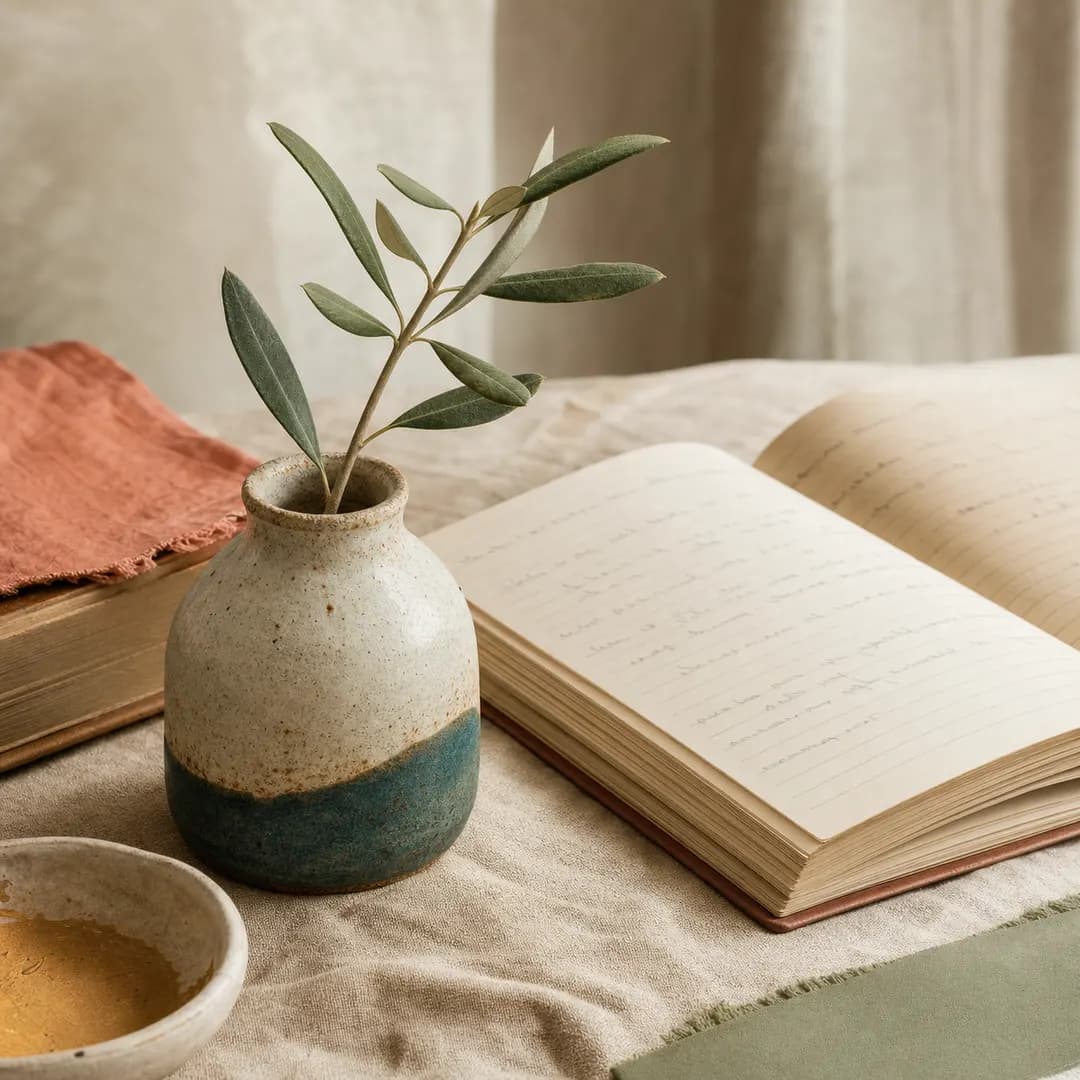 Studio post — ceramic vessel with greenery beside an open notebook