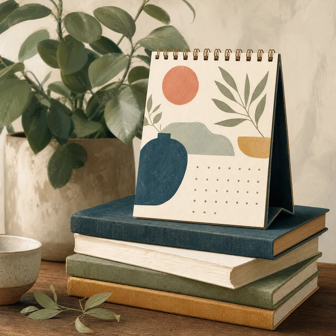 Studio post — calendar mockup propped against a stack of books