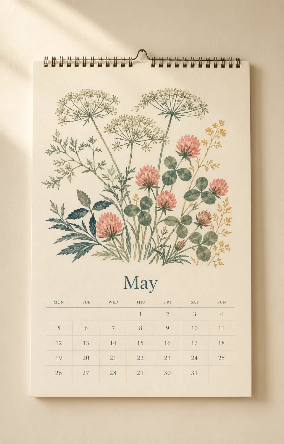 2026 wall calendar showing May with hand-painted cow parsley and clover