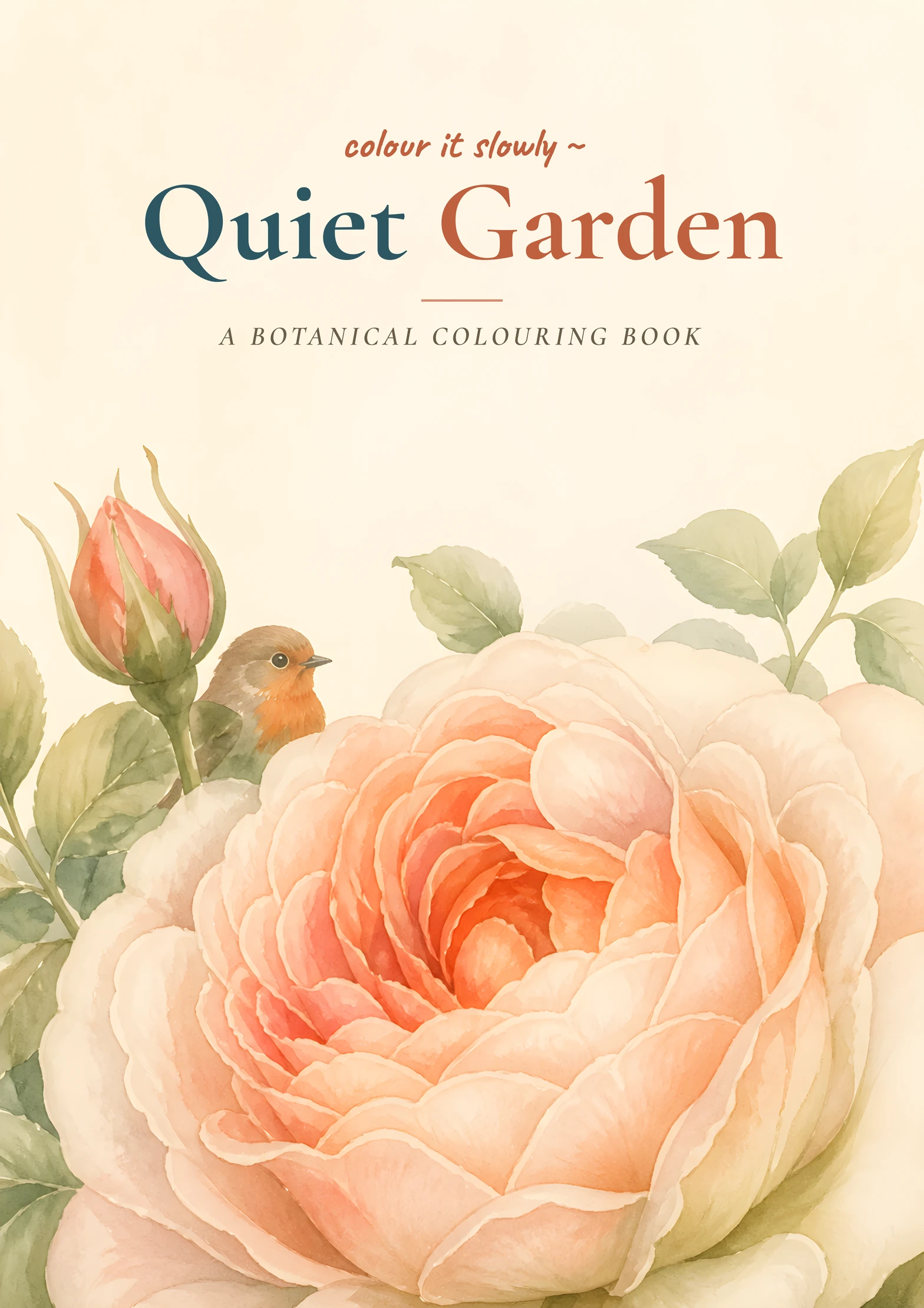 Quiet Garden cover — 'colour it slowly', a painted blush rose with a robin on cream