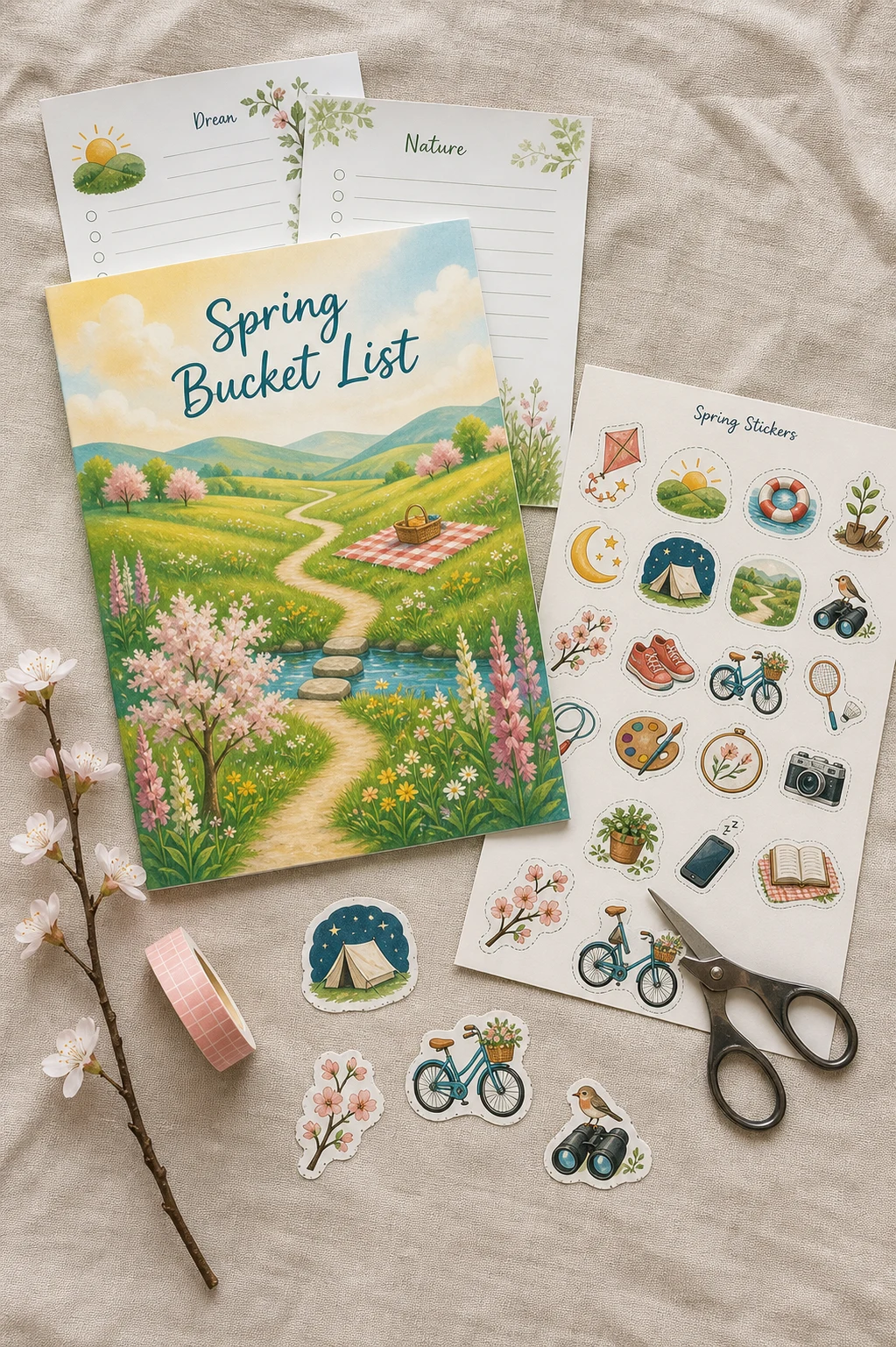 Flat-lay of the Spring Bucket List cover and sticker sheet with scissors and washi tape