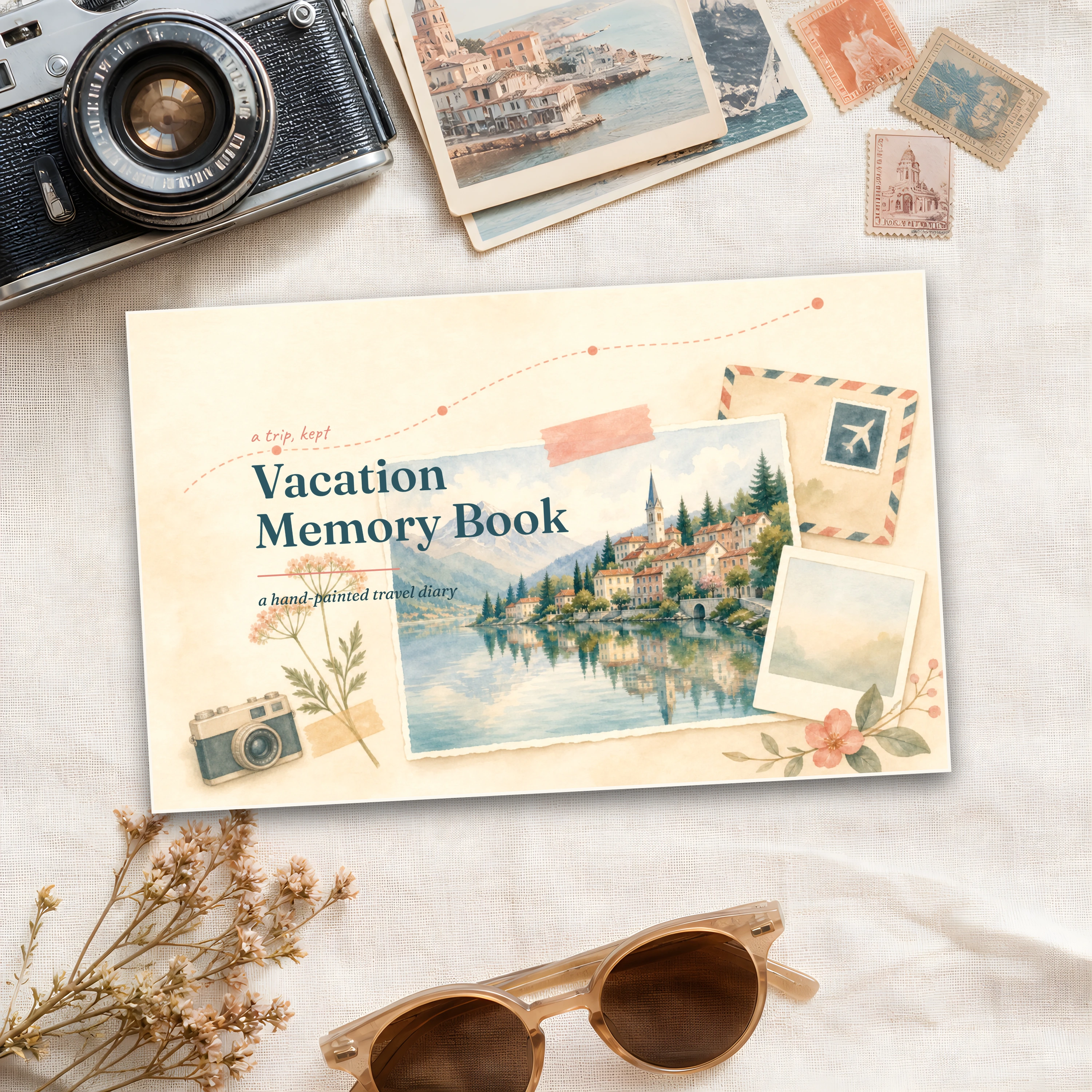 Vacation Memory Book painted cover in a flat-lay with a film camera, old postcards, and stamps